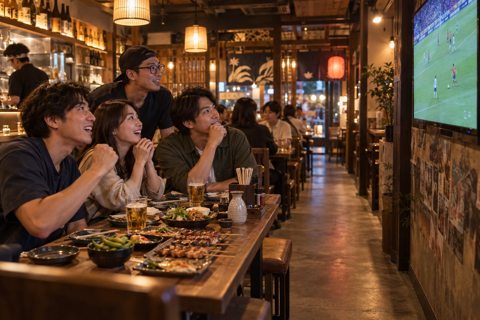 朋友在居酒屋觀看球賽並保留清楚走道的聚餐情境