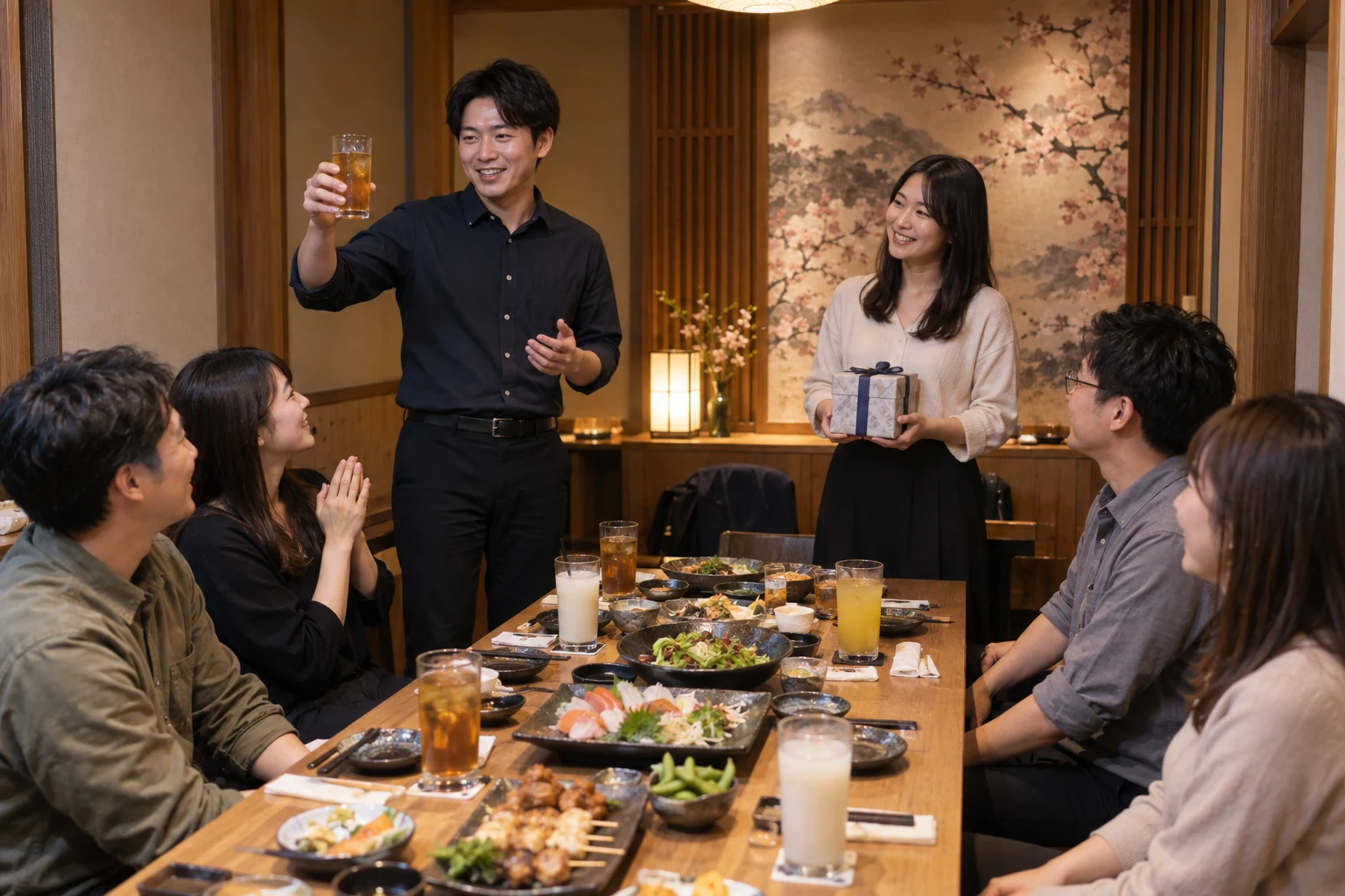 同事在居酒屋包廂舉辦保留清楚走道的簡單歡送會