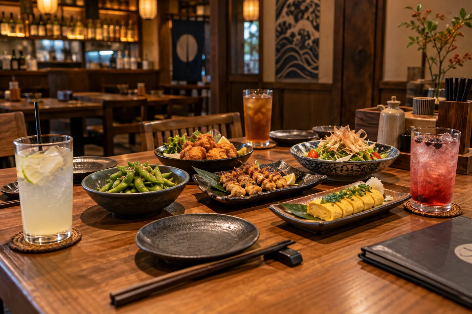 居酒屋餐桌上的無酒精飲品與共食餐點