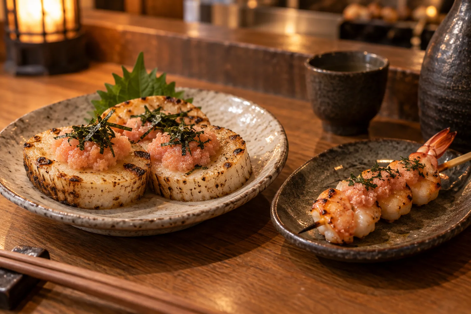 居酒屋餐桌上的烤山藥與明太子串燒情境