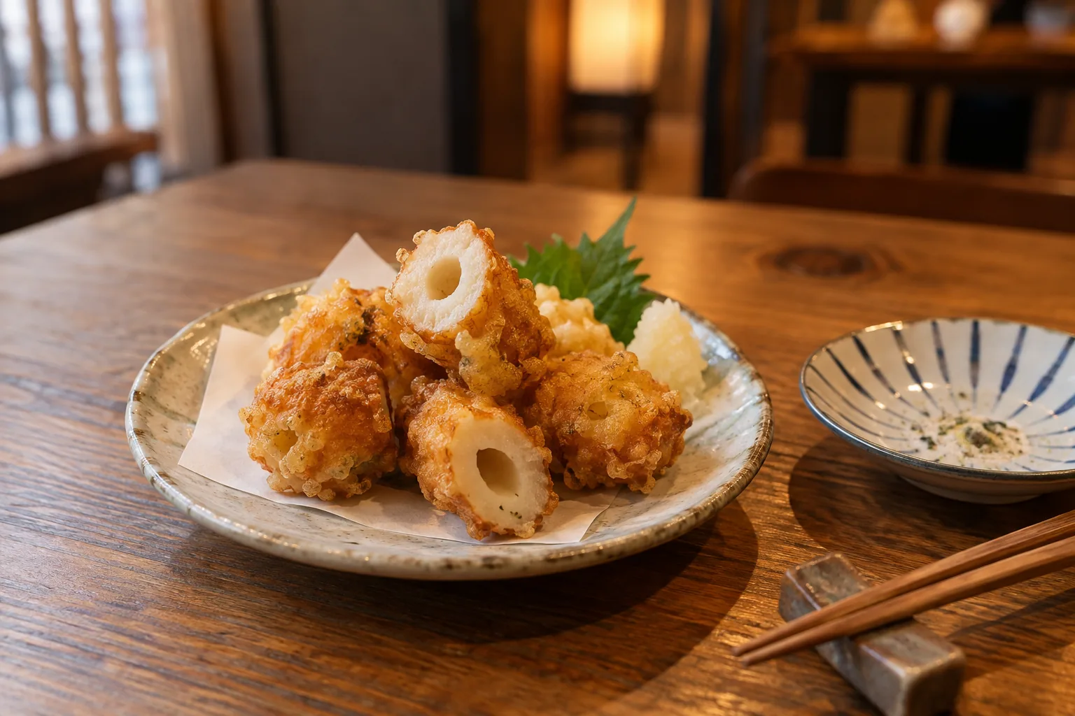 現代日式居酒屋木桌上一小盤炸竹輪(示意圖)