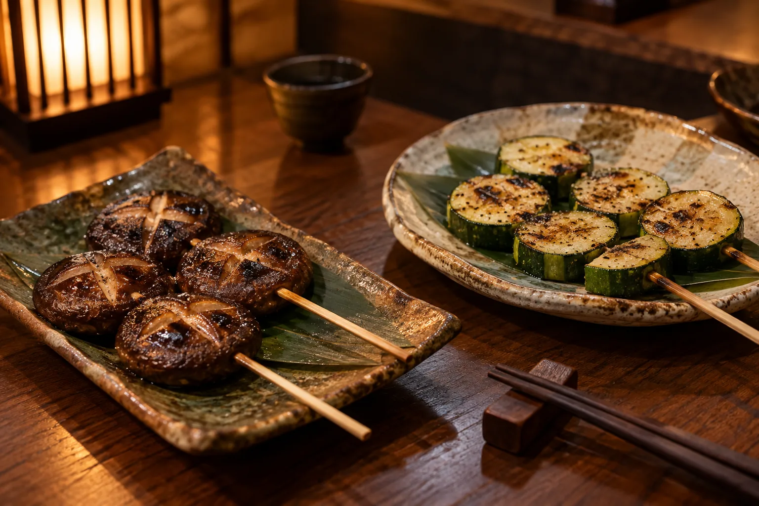 日式居酒屋桌上的香菇串與烤節瓜串