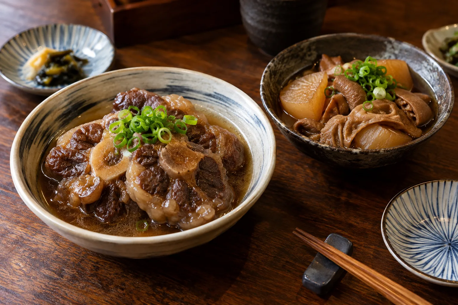 居酒屋桌上的牛尾與牛雜燉煮料理