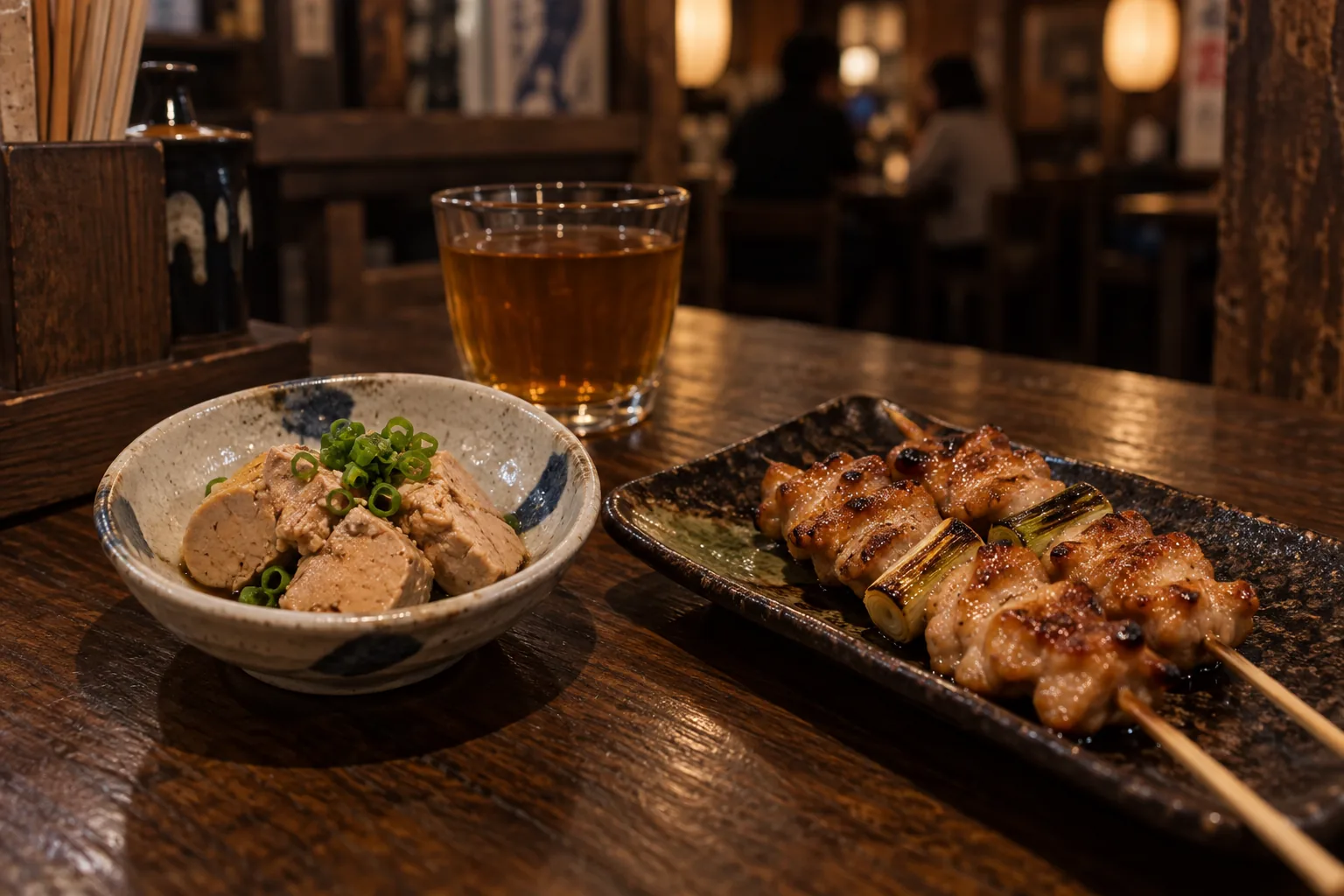 鱈魚肝小盤與串燒的餐桌搭配