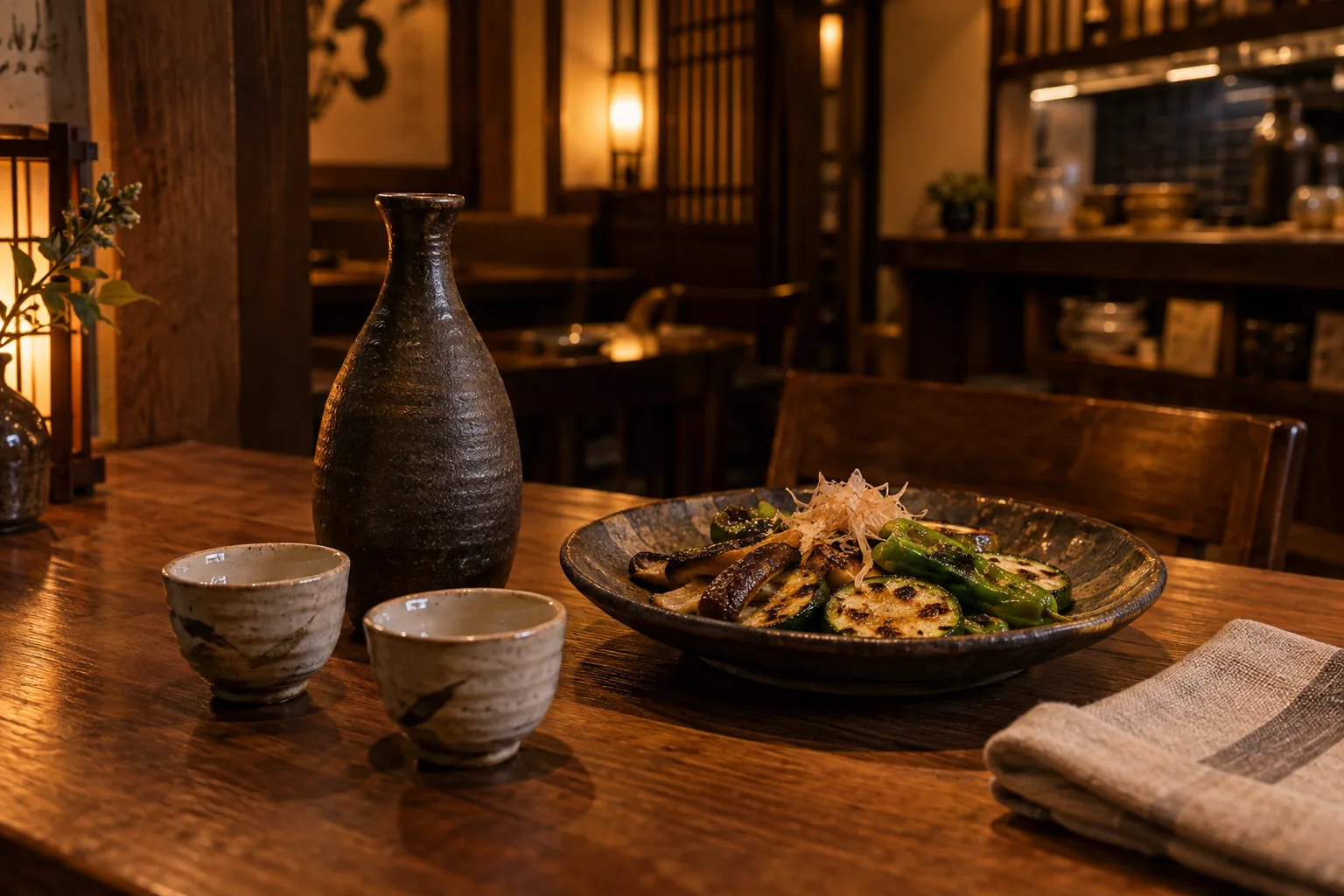 居酒屋桌面的清酒瓶、小酒杯與料理