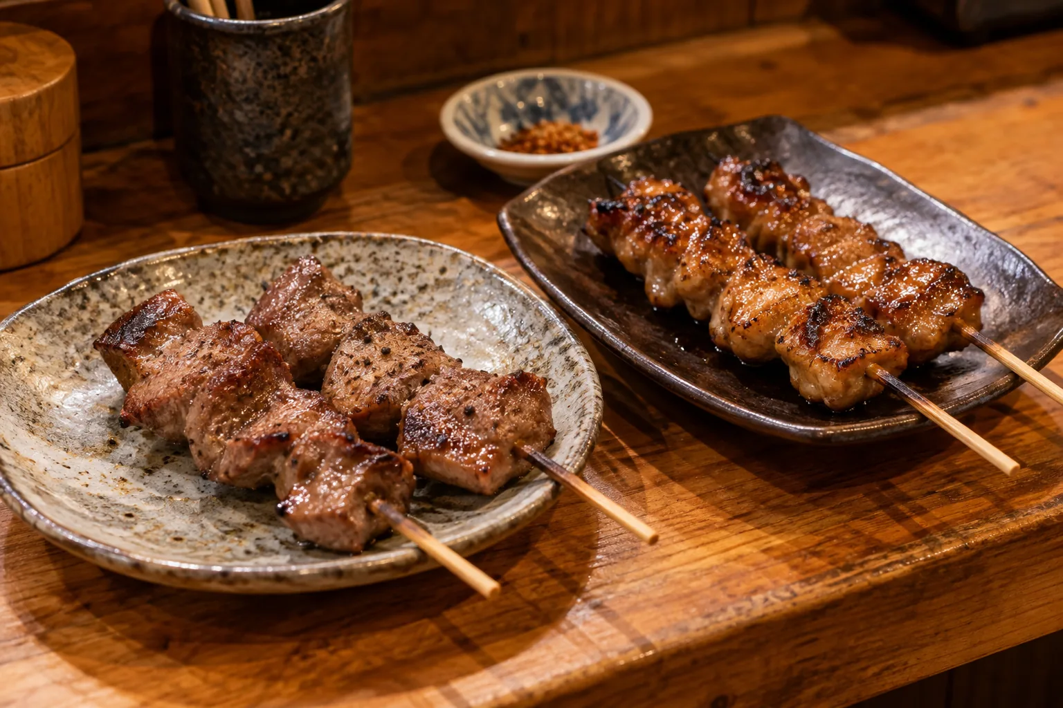 居酒屋小盤炭烤豬舌串與另外放置的醬燒豬肉串