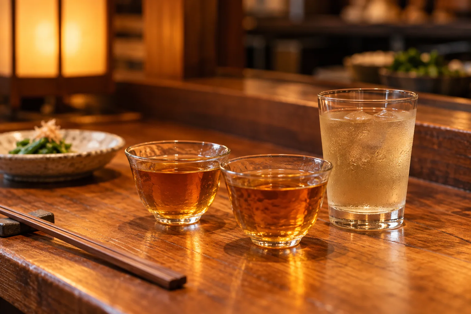 居酒屋餐桌上的茶飲與其他無酒精飲料