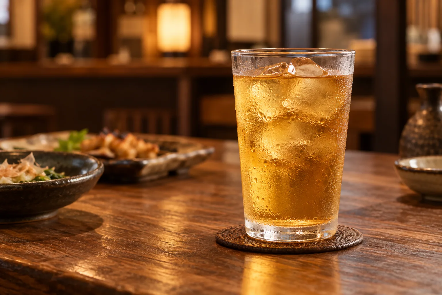 居酒屋桌面上附有凝結水珠的冰飲與杯墊