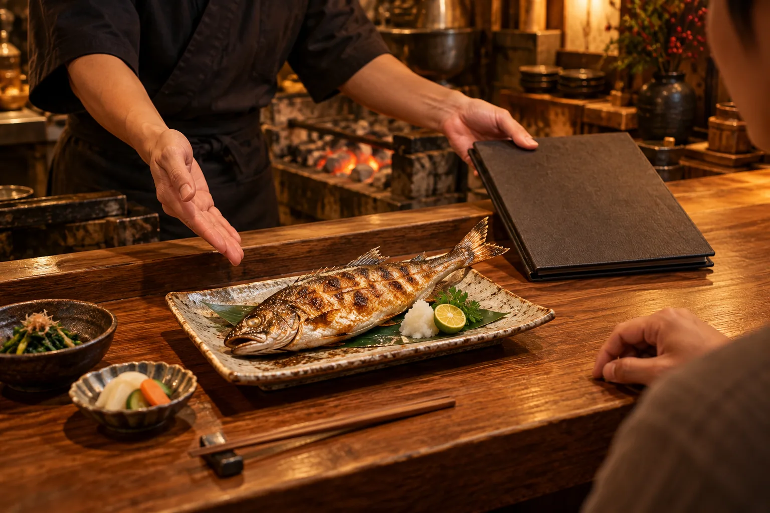 居酒屋木檯上的鹽烤整尾魚料理