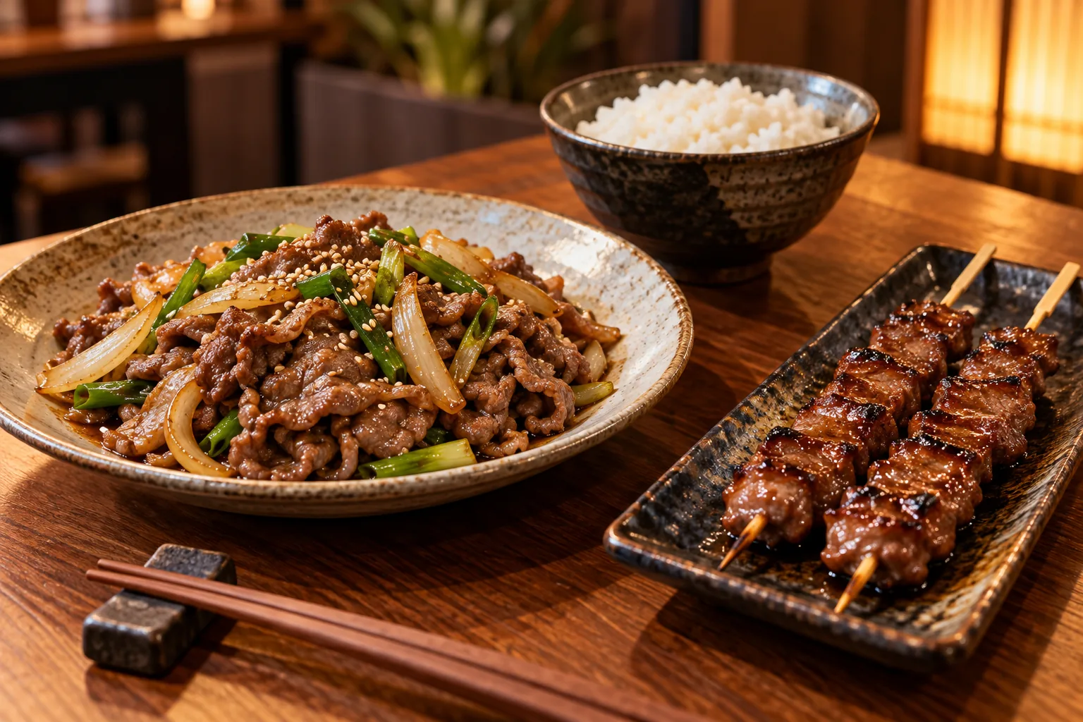 居酒屋木桌上的牛肉炒物與牛肉串