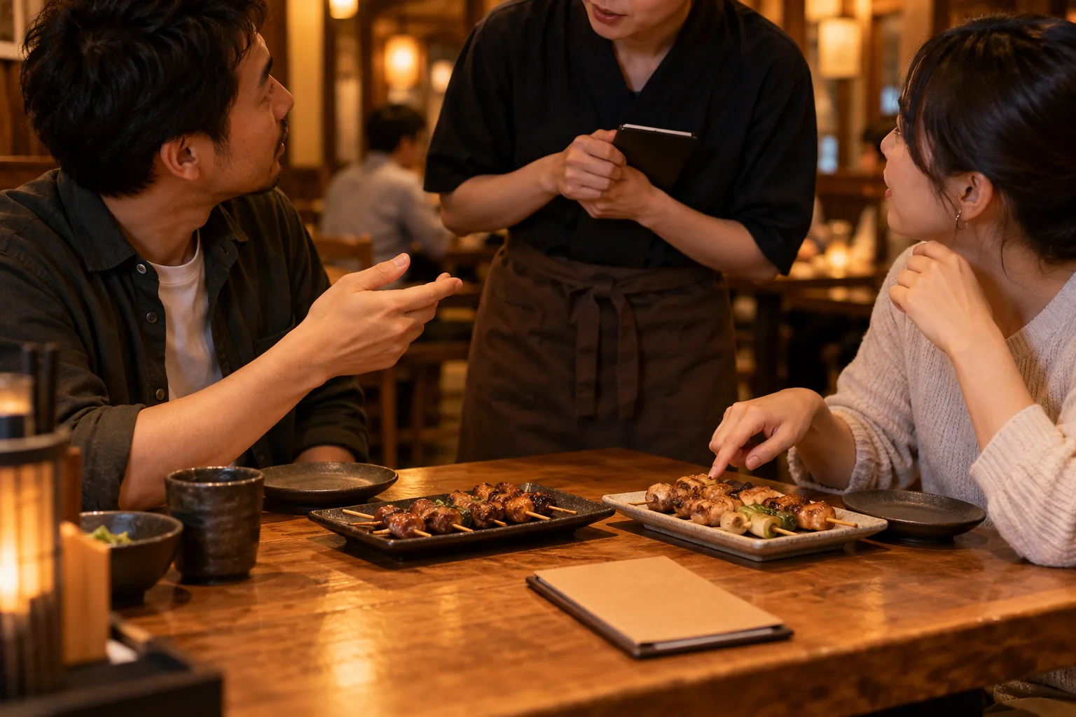 居酒屋桌邊的客人在動筷前向服務人員確認剛送來的餐點