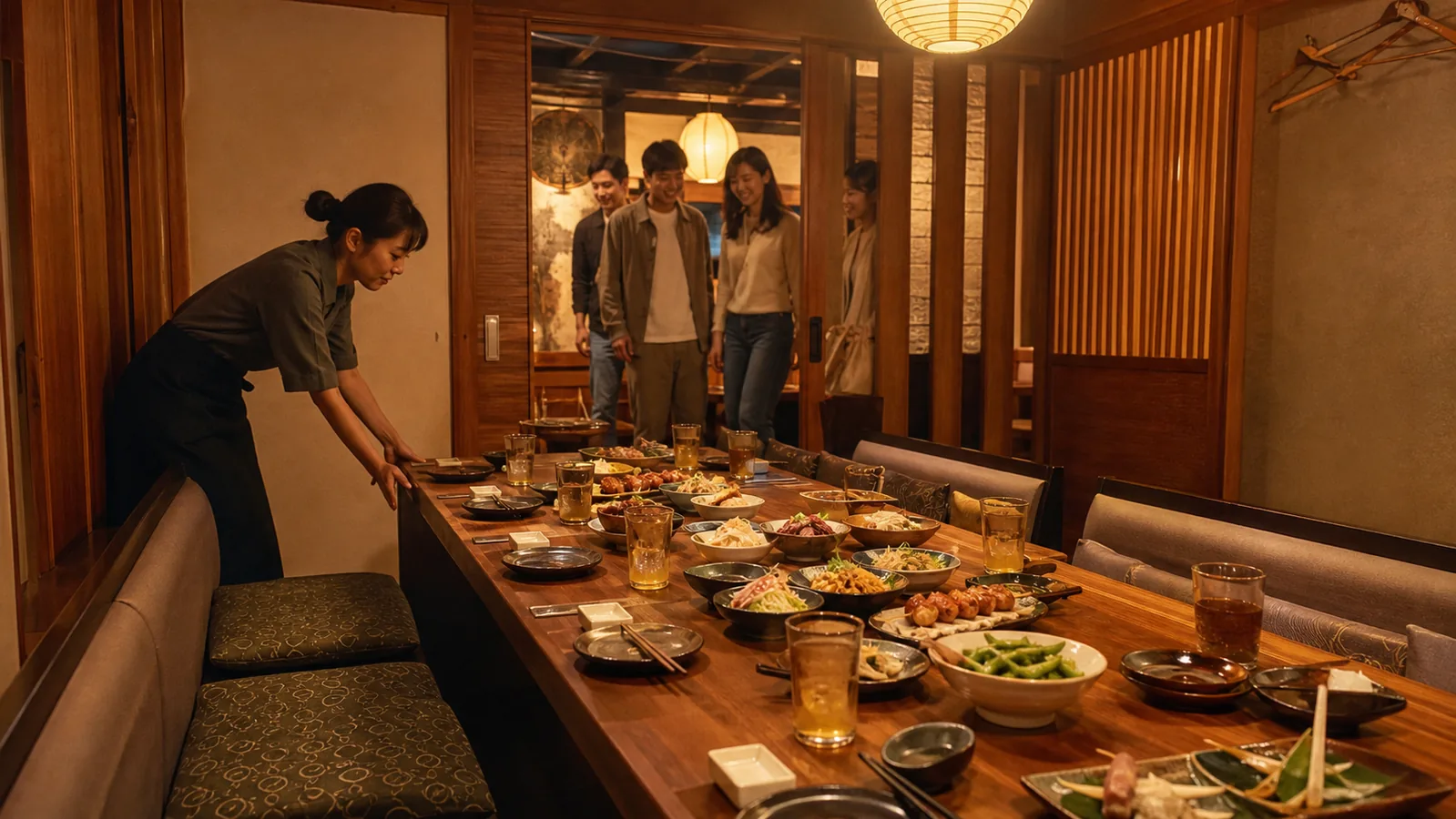 桃園居酒屋包廂內多人圍桌入座，門邊保留上菜與晚到賓客進出的動線