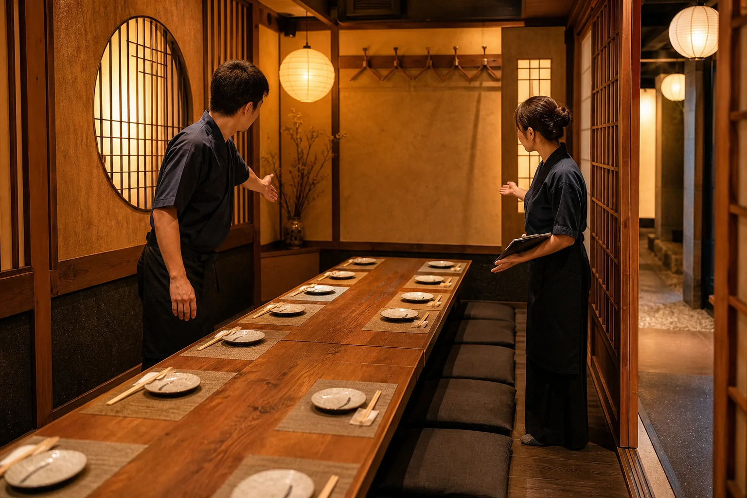 桃園居酒屋包廂訂位前，朋友在舒適的日式座位區和服務人員確認人數、座位與上菜安排