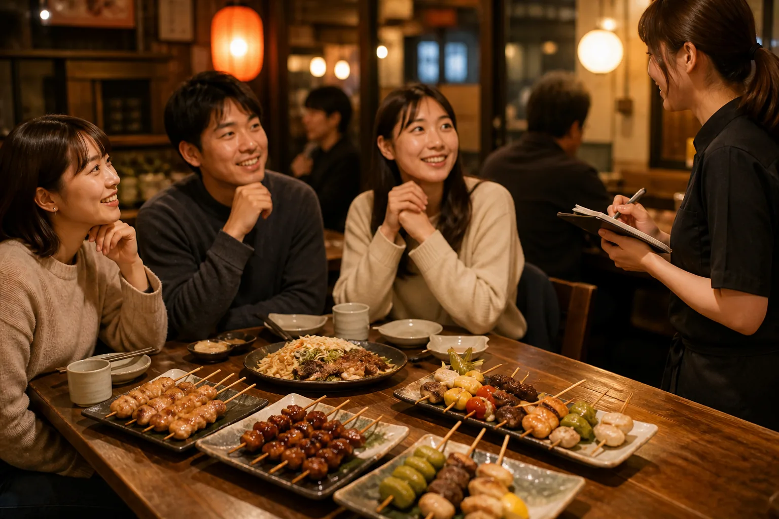 桃園串燒居酒屋餐桌上，鹽烤與醬燒肉串、蔬菜串和主食依節奏分批上桌